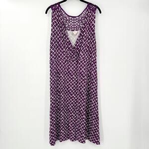Merona Purple White Geometric Midi Dress Sleeveless V-Neck Crochet Back XXL‎